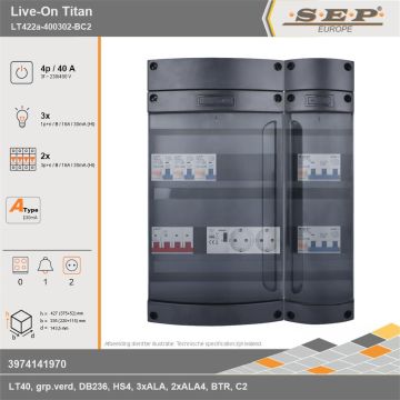 SEP Europe - Live-On Titan, LT422a-400302-BC2, 40A, 3-fase groepenkast, 3-lichtgroepen, 2-krachtgroepen, 1-beltrafo,  2V-contactdoos, technische gegevens