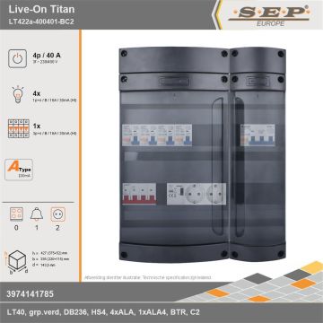 SEP Europe - Live-On Titan, LT422a-400401-BC2, 40A, 3-fase groepenkast, 4-lichtgroepen, 1-krachtgroepen, 1-beltrafo,  2V-contactdoos, technische gegevens