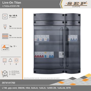 SEP Europe - Live-On Titan, LT422a-410301-FB, 40A, 3-fase groepenkast, 3-lichtgroepen, 1-krachtgroepen, 1-fornuisgroep, 1-beltrafo, technische gegevens