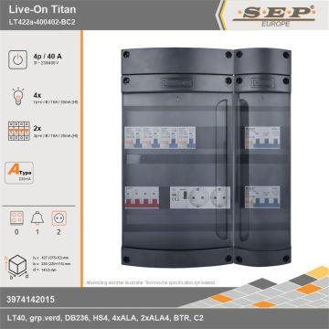 SEP Europe - Live-On Titan, LT422a-400402-BC2, 40A, 3-fase groepenkast, 4-lichtgroepen, 2-krachtgroepen, 1-beltrafo,  2V-contactdoos, technische gegevens