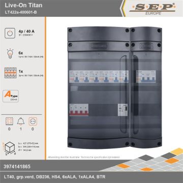 SEP Europe - Live-On Titan, LT422a-400601-B, 40A, 3-fase groepenkast, 6-lichtgroepen, 1-krachtgroepen, 1-beltrafo, technische gegevens
