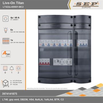 SEP Europe - Live-On Titan, LT422a-400601-BC2, 40A, 3-fase groepenkast, 6-lichtgroepen, 1-krachtgroepen, 1-beltrafo,  2V-contactdoos, technische gegevens