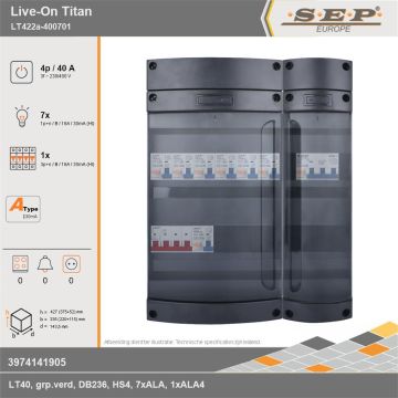 SEP Europe - Live-On Titan, LT422a-400701, 40A, 3-fase groepenkast, 7-lichtgroepen, 1-krachtgroepen, technische gegevens