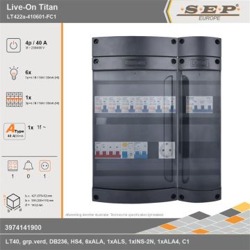 SEP Europe - Live-On Titan, LT422a-410601-FC1, 40A, 3-fase groepenkast, 6-lichtgroepen, 1-krachtgroepen, 1-fornuisgroep,  1V-contactdoos, technische gegevens