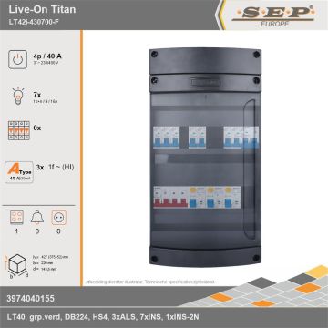 SEP Europe - Live-On Titan, LT42i-430700-F, 40A, 3-fase groepenkast, 7-lichtgroepen, 1-fornuisgroep, technische gegevens