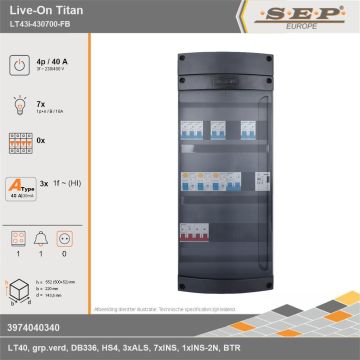 SEP Europe - Live-On Titan, LT43i-430700-FB, 40A, 3-fase groepenkast, 7-lichtgroepen, 1-fornuisgroep, 1-beltrafo, technische gegevens