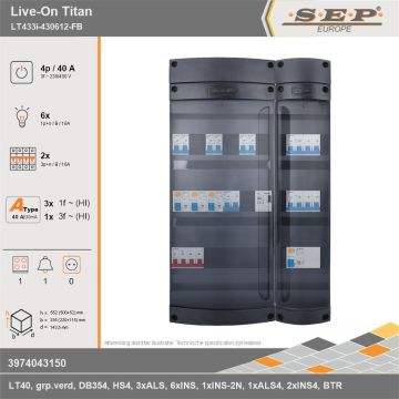 SEP Europe - Live-On Titan, LT433i-430612-FB, 40A, 3-fase groepenkast, 6-lichtgroepen, 2-krachtgroepen, 1-fornuisgroep, 1-beltrafo, technische gegevens