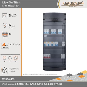 SEP Europe - Live-On Titan, LT43i-430800-FBC1, 40A, 3-fase groepenkast, 8-lichtgroepen, 1-fornuisgroep, 1-beltrafo,  1V-contactdoos, technische gegevens