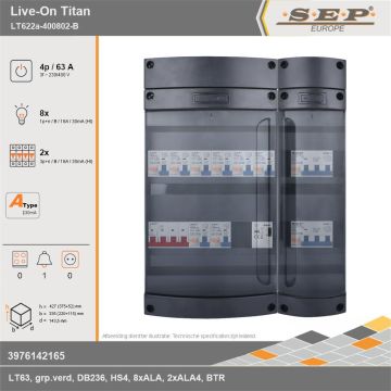 SEP Europe - Live-On Titan, LT622a-400802-B, 63A, 3-fase groepenkast, 8-lichtgroepen, 2-krachtgroepen, 1-beltrafo, technische gegevens