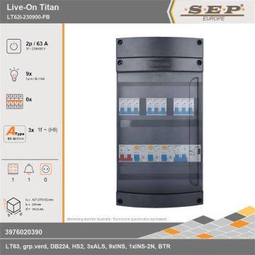 SEP Europe - Live-On Titan, LT62i-230900-FB, 63A, 3-fase groepenkast, 9-lichtgroepen, 1-fornuisgroep, 1-beltrafo, technische gegevens