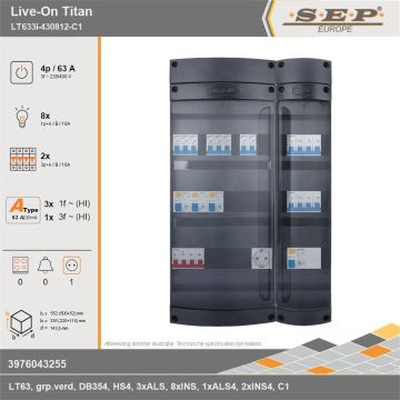 SEP Europe - Live-On Titan, LT633i-430812-C1, 63A, 3-fase groepenkast, 8-lichtgroepen, 2-krachtgroepen,  1V-contactdoos, technische gegevens