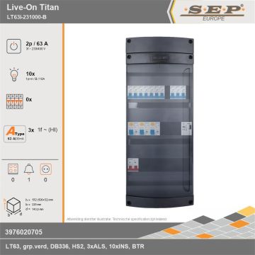 SEP Europe - Live-On Titan, LT63i-231000-B, 63A, 3-fase groepenkast, 10-lichtgroepen, 1-beltrafo, technische gegevens