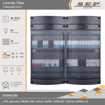 SEP Europe - Live-On Titan, LT64i-430613-FC2, 63A, 3-fase groepenkast, 6-lichtgroepen, 3-krachtgroepen, 1-fornuisgroep,  2V-contactdoos, technische gegevens