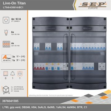 SEP Europe - Live-On Titan, LT64i-430614-BC1, 63A, 3-fase groepenkast, 6-lichtgroepen, 4-krachtgroepen, 1-beltrafo,  1V-contactdoos, technische gegevens