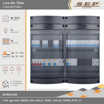 SEP Europe - Live-On Titan, LT64i-430713-BC1, 63A, 3-fase groepenkast, 7-lichtgroepen, 3-krachtgroepen, 1-beltrafo,  1V-contactdoos, technische gegevens