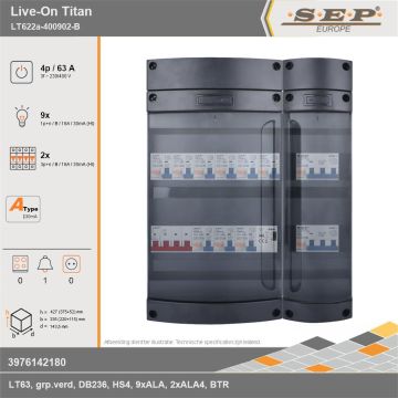 SEP Europe - Live-On Titan, LT622a-400902-B, 63A, 3-fase groepenkast, 9-lichtgroepen, 2-krachtgroepen, 1-beltrafo, technische gegevens