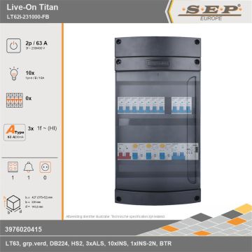 SEP Europe - Live-On Titan, LT62i-231000-FB, 63A, 3-fase groepenkast, 10-lichtgroepen, 1-fornuisgroep, 1-beltrafo, technische gegevens