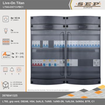 SEP Europe - Live-On Titan, LT64i-430713-FBC1, 63A, 3-fase groepenkast, 7-lichtgroepen, 3-krachtgroepen, 1-fornuisgroep, 1-beltrafo,  1V-contactdoos, technische gegevens