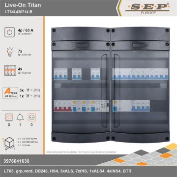 SEP Europe - Live-On Titan, LT64i-430714-B, 63A, 3-fase groepenkast, 7-lichtgroepen, 4-krachtgroepen, 1-beltrafo, technische gegevens