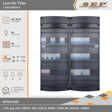 SEP Europe - Live-On Titan, LT66i-430624-F, 63A, 3-fase groepenkast, 6-lichtgroepen, 4-krachtgroepen, 1-fornuisgroep, technische gegevens