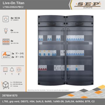 SEP Europe - Live-On Titan, LT66i-430624-FBC2, 63A, 3-fase groepenkast, 6-lichtgroepen, 4-krachtgroepen, 1-fornuisgroep, 1-beltrafo,  2V-contactdoos, technische gegevens