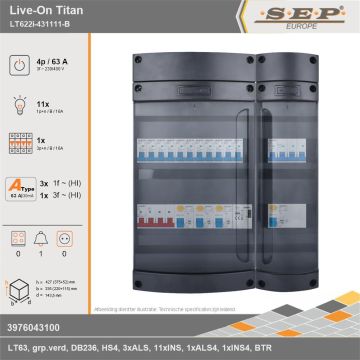 SEP Europe - Live-On Titan, LT622i-431111-B, 63A, 3-fase groepenkast, 11-lichtgroepen, 1-krachtgroepen, 1-beltrafo, technische gegevens