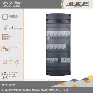 SEP Europe - Live-On Titan, LT63a-211100-FBC1, 63A, 3-fase groepenkast, 11-lichtgroepen, 1-fornuisgroep, 1-beltrafo,  1V-contactdoos, technische gegevens