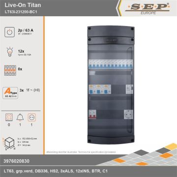 SEP Europe - Live-On Titan, LT63i-231200-BC1, 63A, 3-fase groepenkast, 12-lichtgroepen, 1-beltrafo,  1V-contactdoos, technische gegevens