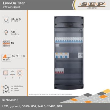 SEP Europe - Live-On Titan, LT63i-431200-B, 63A, 3-fase groepenkast, 12-lichtgroepen, 1-beltrafo, technische gegevens