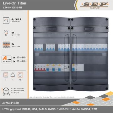 SEP Europe - Live-On Titan, LT64i-430813-FB, 63A, 3-fase groepenkast, 8-lichtgroepen, 3-krachtgroepen, 1-fornuisgroep, 1-beltrafo, technische gegevens