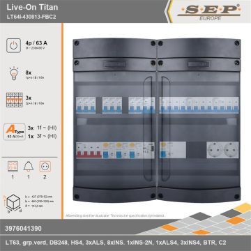 SEP Europe - Live-On Titan, LT64i-430813-FBC2, 63A, 3-fase groepenkast, 8-lichtgroepen, 3-krachtgroepen, 1-fornuisgroep, 1-beltrafo,  2V-contactdoos, technische gegevens