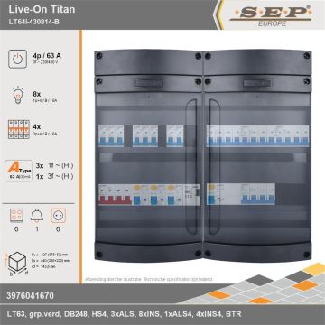 SEP Europe - Live-On Titan, LT64i-430814-B, 63A, 3-fase groepenkast, 8-lichtgroepen, 4-krachtgroepen, 1-beltrafo, technische gegevens
