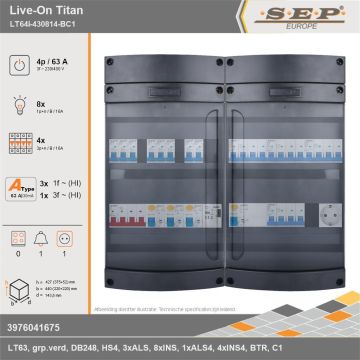 SEP Europe - Live-On Titan, LT64i-430814-BC1, 63A, 3-fase groepenkast, 8-lichtgroepen, 4-krachtgroepen, 1-beltrafo,  1V-contactdoos, technische gegevens