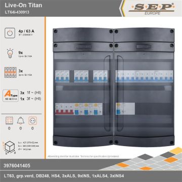 SEP Europe - Live-On Titan, LT64i-430913, 63A, 3-fase groepenkast, 9-lichtgroepen, 3-krachtgroepen, technische gegevens