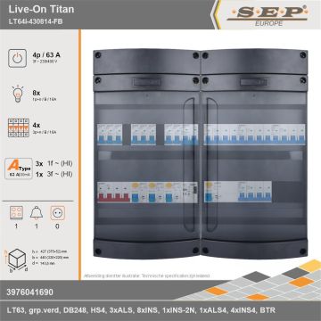 SEP Europe - Live-On Titan, LT64i-430814-FB, 63A, 3-fase groepenkast, 8-lichtgroepen, 4-krachtgroepen, 1-fornuisgroep, 1-beltrafo, technische gegevens