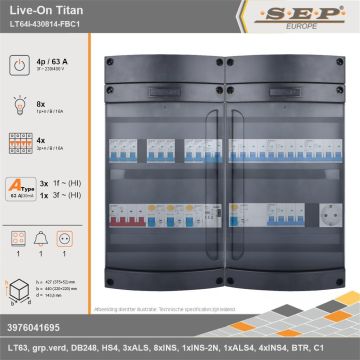 SEP Europe - Live-On Titan, LT64i-430814-FBC1, 63A, 3-fase groepenkast, 8-lichtgroepen, 4-krachtgroepen, 1-fornuisgroep, 1-beltrafo,  1V-contactdoos, technische gegevens