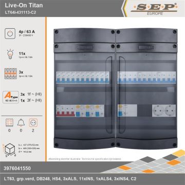 SEP Europe - Live-On Titan, LT64i-431113-C2, 63A, 3-fase groepenkast, 11-lichtgroepen, 3-krachtgroepen,  2V-contactdoos, technische gegevens