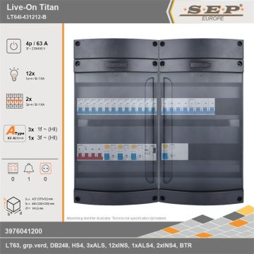 SEP Europe - Live-On Titan, LT64i-431212-B, 63A, 3-fase groepenkast, 12-lichtgroepen, 2-krachtgroepen, 1-beltrafo, technische gegevens