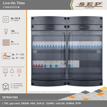 SEP Europe - Live-On Titan, LT64i-431213-B, 63A, 3-fase groepenkast, 12-lichtgroepen, 3-krachtgroepen, 1-beltrafo, technische gegevens