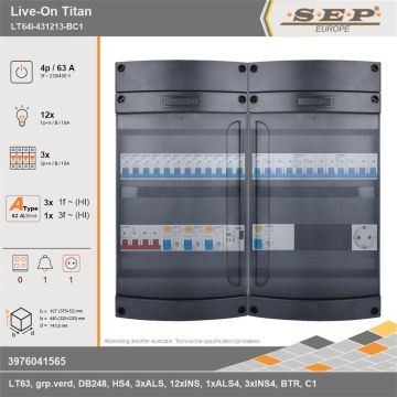 SEP Europe - Live-On Titan, LT64i-431213-BC1, 63A, 3-fase groepenkast, 12-lichtgroepen, 3-krachtgroepen, 1-beltrafo,  1V-contactdoos, technische gegevens