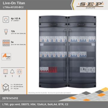 SEP Europe - Live-On Titan, LT66a-401205-BC2, 63A, 3-fase groepenkast, 12-lichtgroepen, 5-krachtgroepen, 1-beltrafo,  2V-contactdoos, technische gegevens