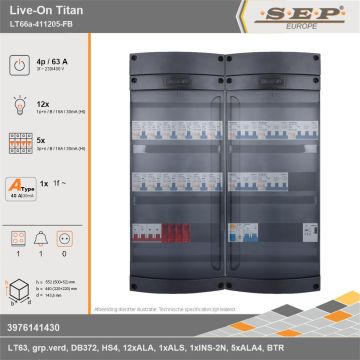 SEP Europe - Live-On Titan, LT66a-411205-FB, 63A, 3-fase groepenkast, 12-lichtgroepen, 5-krachtgroepen, 1-fornuisgroep, 1-beltrafo, technische gegevens