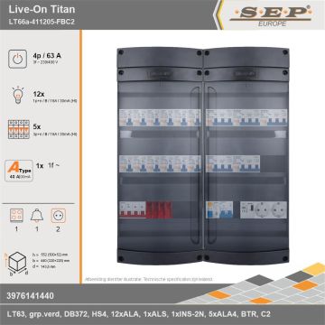 SEP Europe - Live-On Titan, LT66a-411205-FBC2, 63A, 3-fase groepenkast, 12-lichtgroepen, 5-krachtgroepen, 1-fornuisgroep, 1-beltrafo,  2V-contactdoos, technische gegevens