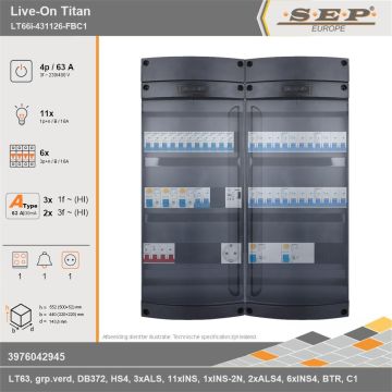 SEP Europe - Live-On Titan, LT66i-431126-FBC1, 63A, 3-fase groepenkast, 11-lichtgroepen, 6-krachtgroepen, 1-fornuisgroep, 1-beltrafo,  1V-contactdoos, technische gegevens