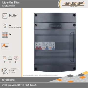 SEP Europe - Live-On Titan, LT61a-200200, 63A, 3-fase groepenkast, 2-lichtgroepen, technische gegevens