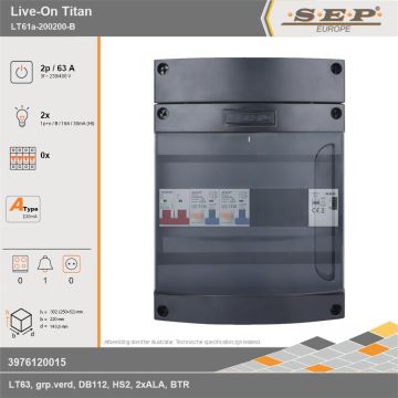 SEP Europe - Live-On Titan, LT61a-200200-B, 63A, 3-fase groepenkast, 2-lichtgroepen, 1-beltrafo, technische gegevens