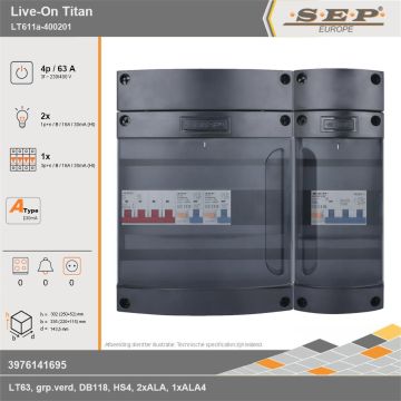 SEP Europe - Live-On Titan, LT611a-400201, 63A, 3-fase groepenkast, 2-lichtgroepen, 1-krachtgroepen, technische gegevens