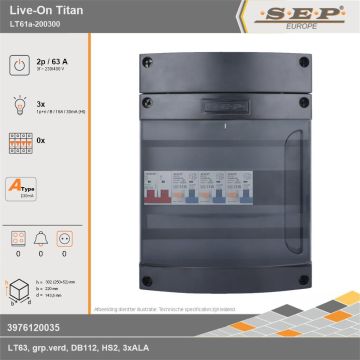 SEP Europe - Live-On Titan, LT61a-200300, 63A, 3-fase groepenkast, 3-lichtgroepen, technische gegevens