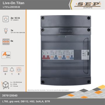 SEP Europe - Live-On Titan, LT61a-200300-B, 63A, 3-fase groepenkast, 3-lichtgroepen, 1-beltrafo, technische gegevens