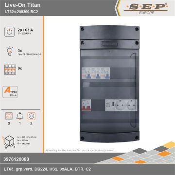 SEP Europe - Live-On Titan, LT62a-200300-BC2, 63A, 3-fase groepenkast, 3-lichtgroepen, 1-beltrafo,  2V-contactdoos, technische gegevens